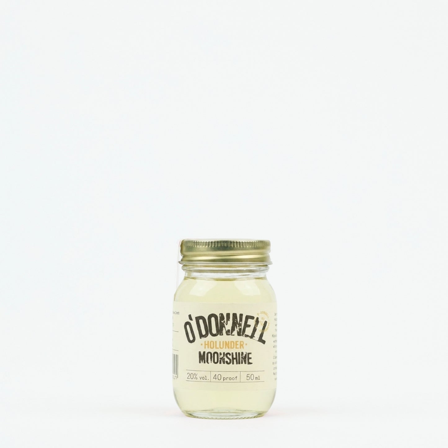 Kleine O'Donnell Moonshine Likörflasche (50ml) der Sorte Holunder im Einmachglas vor weißem Hintergrund.