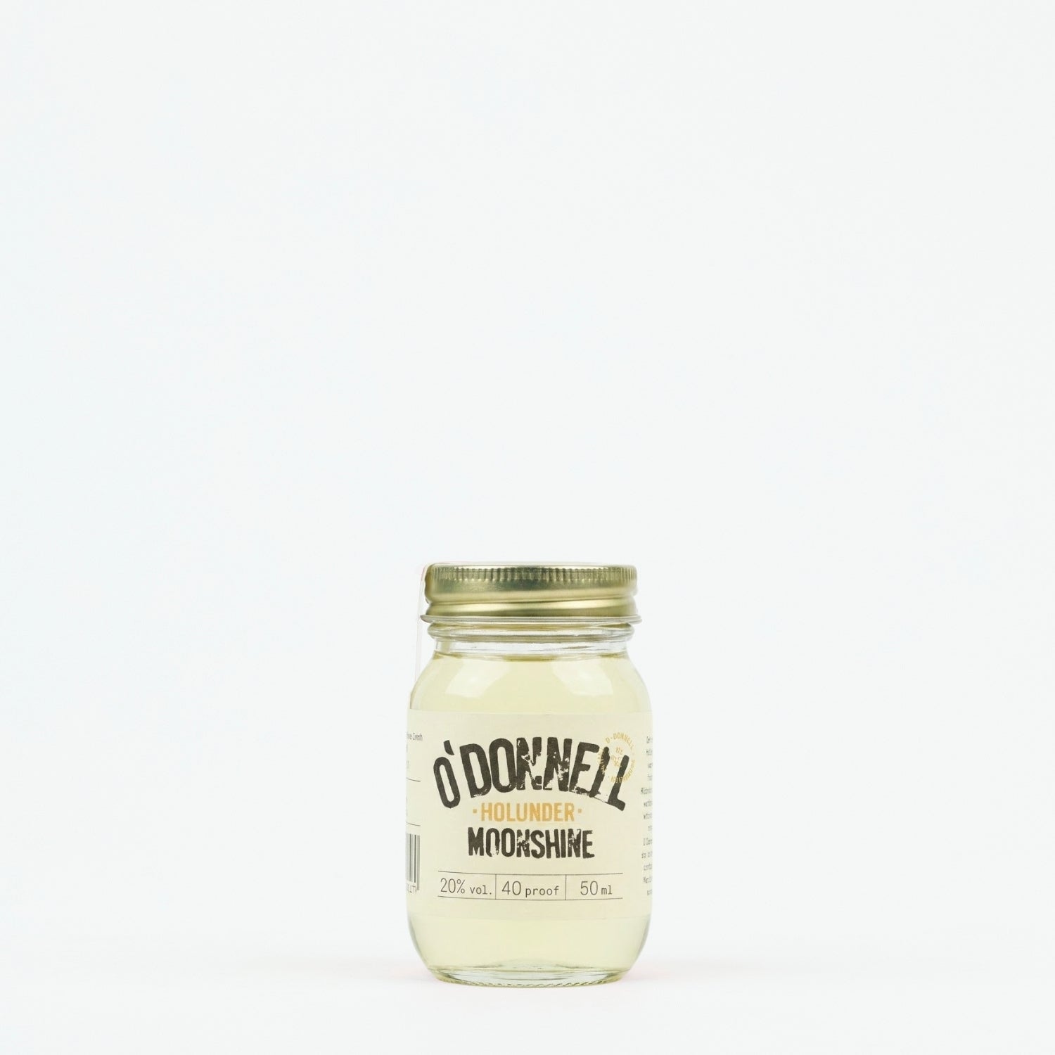 Kleine O'Donnell Moonshine Likörflasche (50ml) der Sorte Holunder im Einmachglas vor weißem Hintergrund.