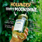 O'Donnell Moonshine Banner für Holunder-Likör mit einer Flasche vor grünem Blätterhintergrund und Produktvorteilen.