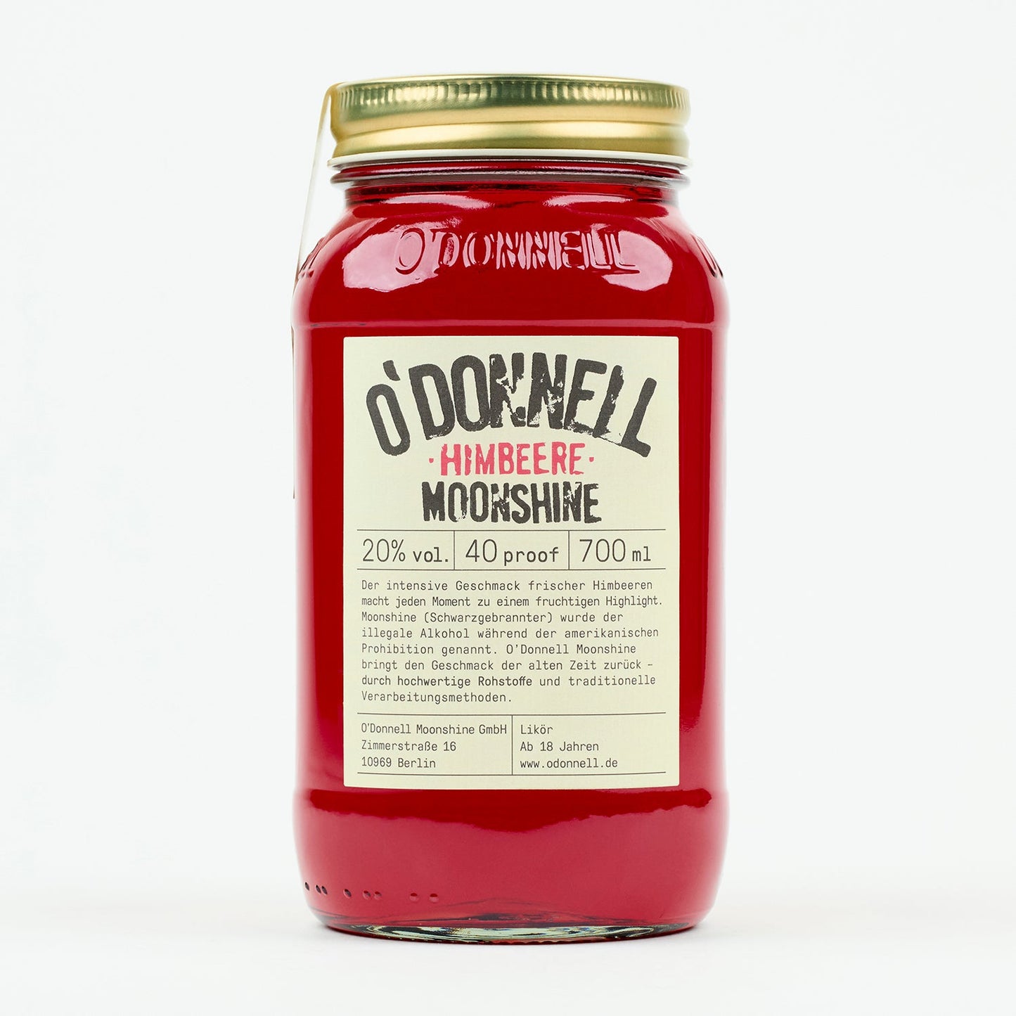 O'Donnell Moonshine Himbeere Single Jar auf weißem Hintergrund