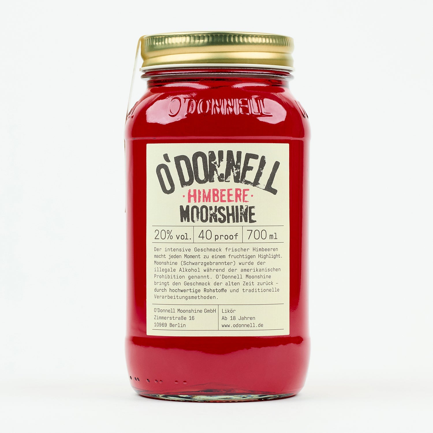 O'Donnell Moonshine Himbeere Single Jar auf weißem Hintergrund